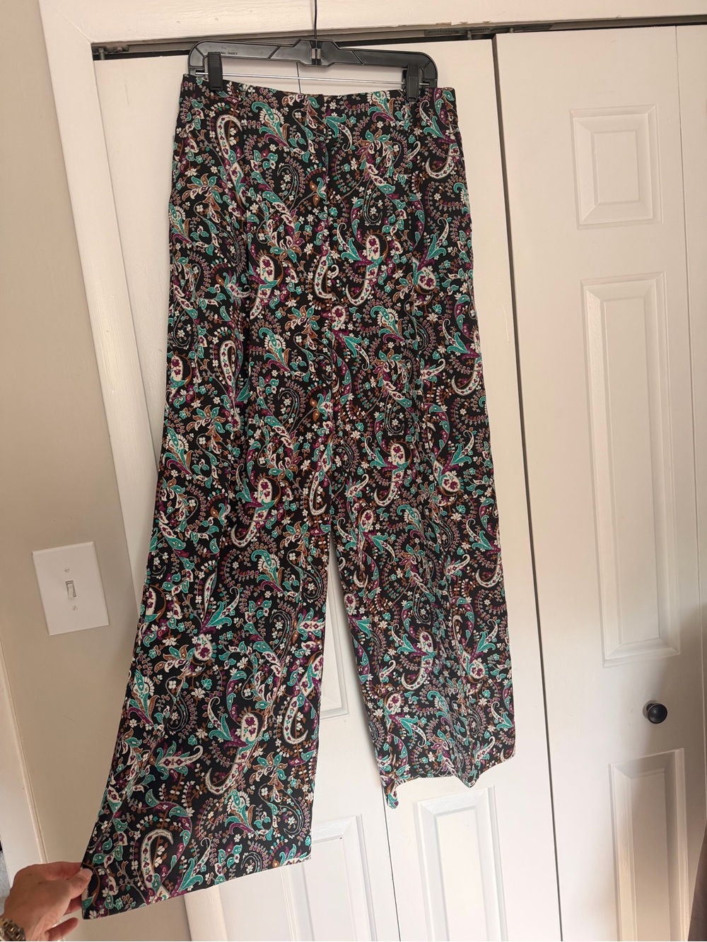 Ann Taylor Black Paisley Wide-Leg Pants with Teal & Purple Accents
